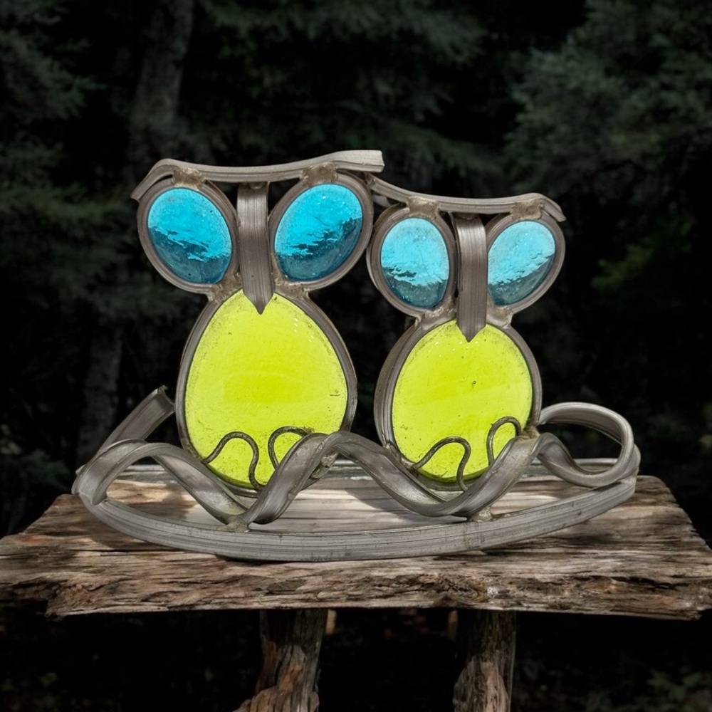 Adorable Stained Glass Sun Catcher Owls Window Lead Metal Vintage